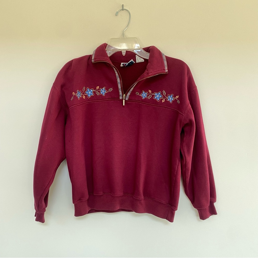 EUC vtg Bold Spirit petite M maroon floral quarter zip vintage spring fall